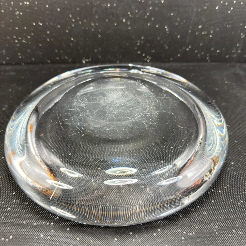 Vintage 1960s Sweden Art Glass Ashtray 8 Inch Heavy Clear Crystal MCM Round